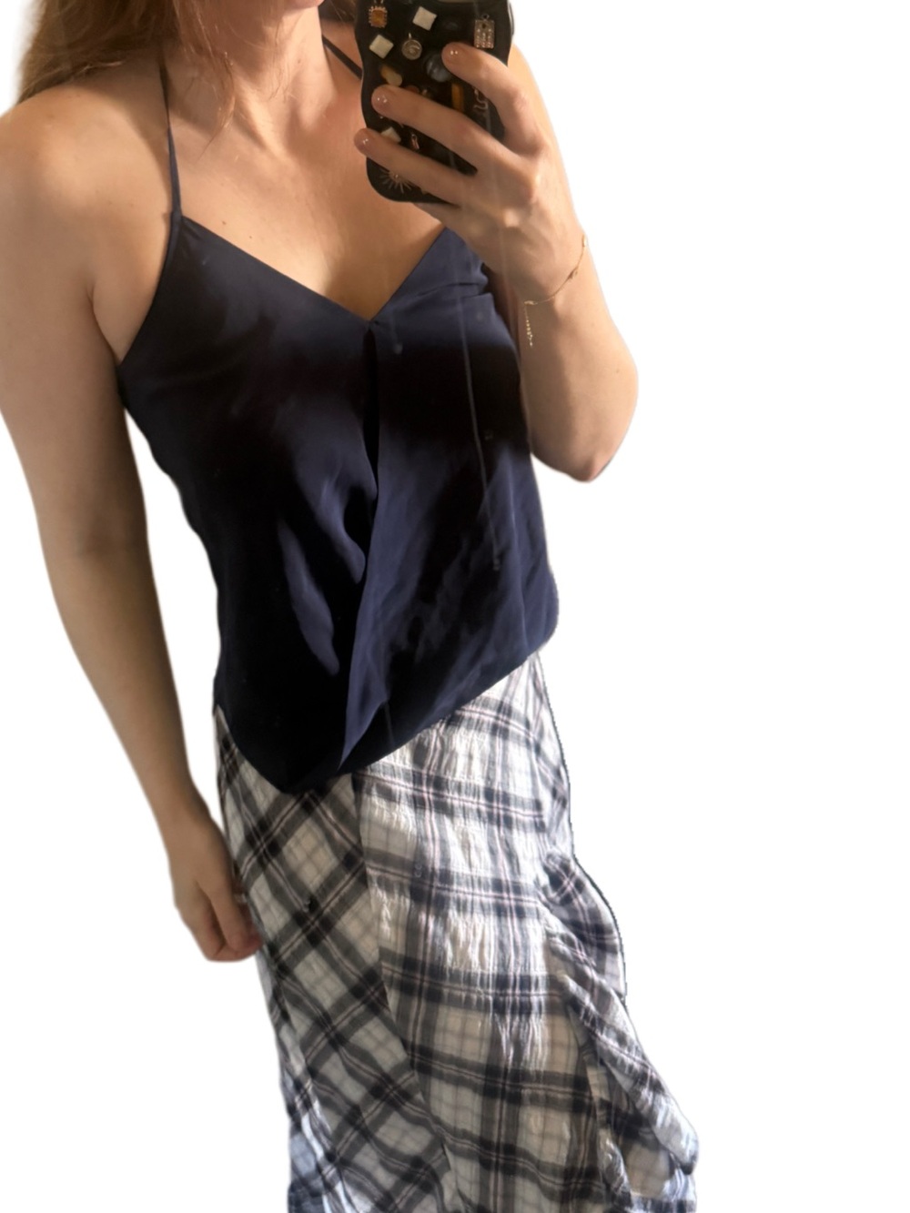 Helena Quinn designer 100% silk halter Navy Blue Women's tank Top women’s Sz XS